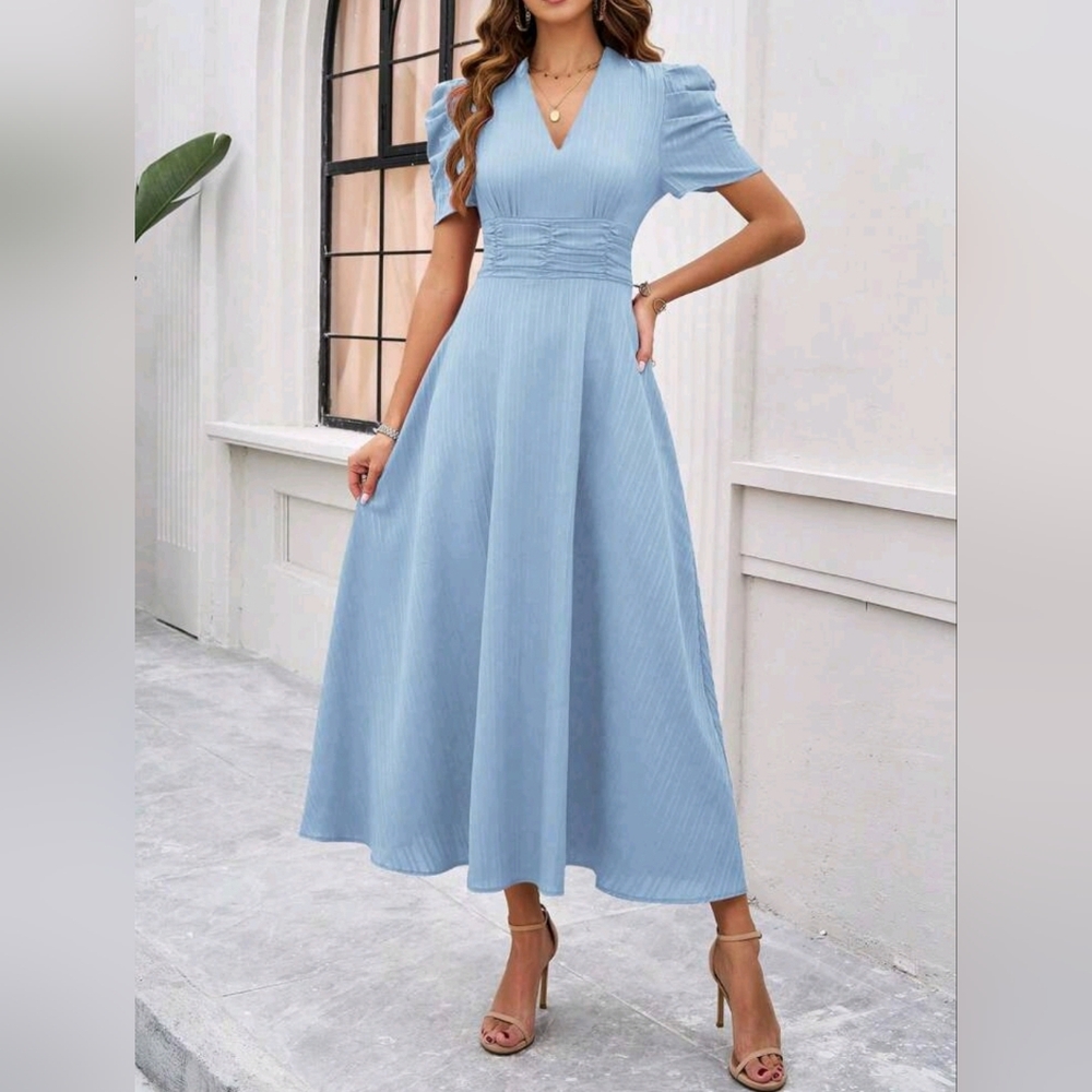 NEW Classic Textured Stripe Ruched Waist Puffed Sleeve Midi Dress Blue - Picture 3 of 8